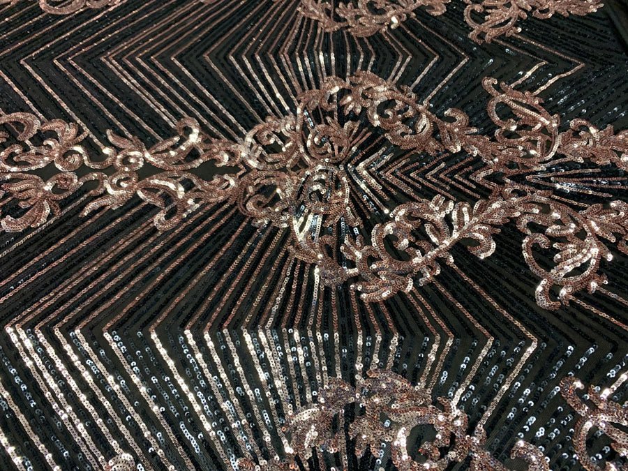 Nadia 4 Way Stretch Sequin Spandex Embroidered Fabric Sold By The YardICE FABRICSICE FABRICSNeon Pink Rose Gold Black On Black Mesh1 YardNadia 4 Way Stretch Sequin Spandex Embroidered Fabric Sold By The Yard ICE FABRICS