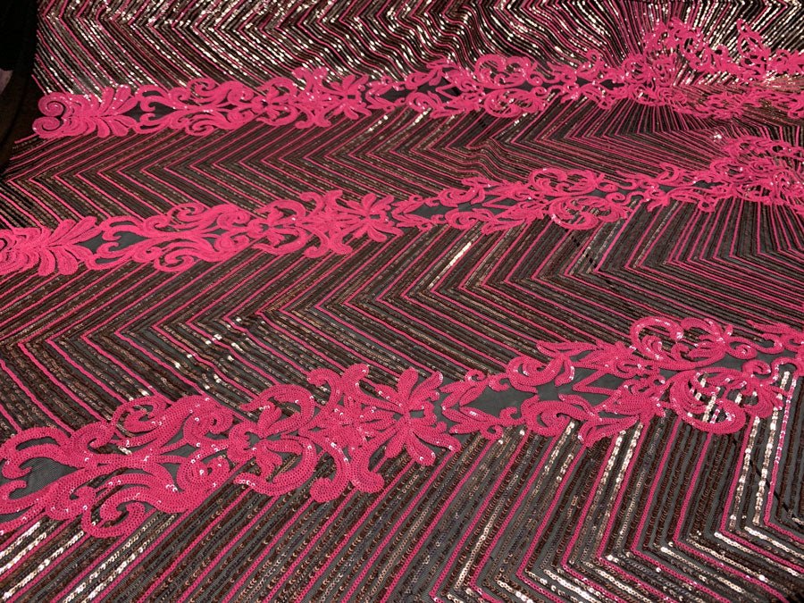 Nadia 4 Way Stretch Sequin Spandex Embroidered Fabric Sold By The YardICE FABRICSICE FABRICSNeon Pink Rose Gold Black On Black Mesh1 YardNadia 4 Way Stretch Sequin Spandex Embroidered Fabric Sold By The Yard ICE FABRICS