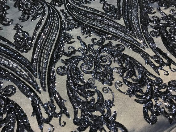 Navy Blue Arabic Design Embroidered 4 Way Stretch Sequin Fabric Sold By The YardICE FABRICSICE FABRICSNavy Blue Arabic Design Embroidered 4 Way Stretch Sequin Fabric Sold By The Yard ICE FABRICS