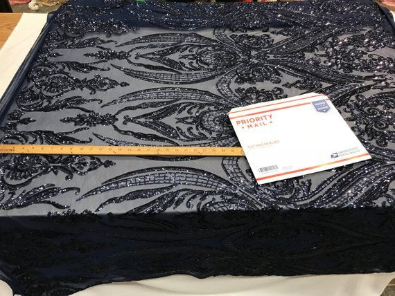 Navy Blue Arabic Design Embroidered 4 Way Stretch Sequin Fabric Sold By The YardICE FABRICSICE FABRICSNavy Blue Arabic Design Embroidered 4 Way Stretch Sequin Fabric Sold By The Yard ICE FABRICS
