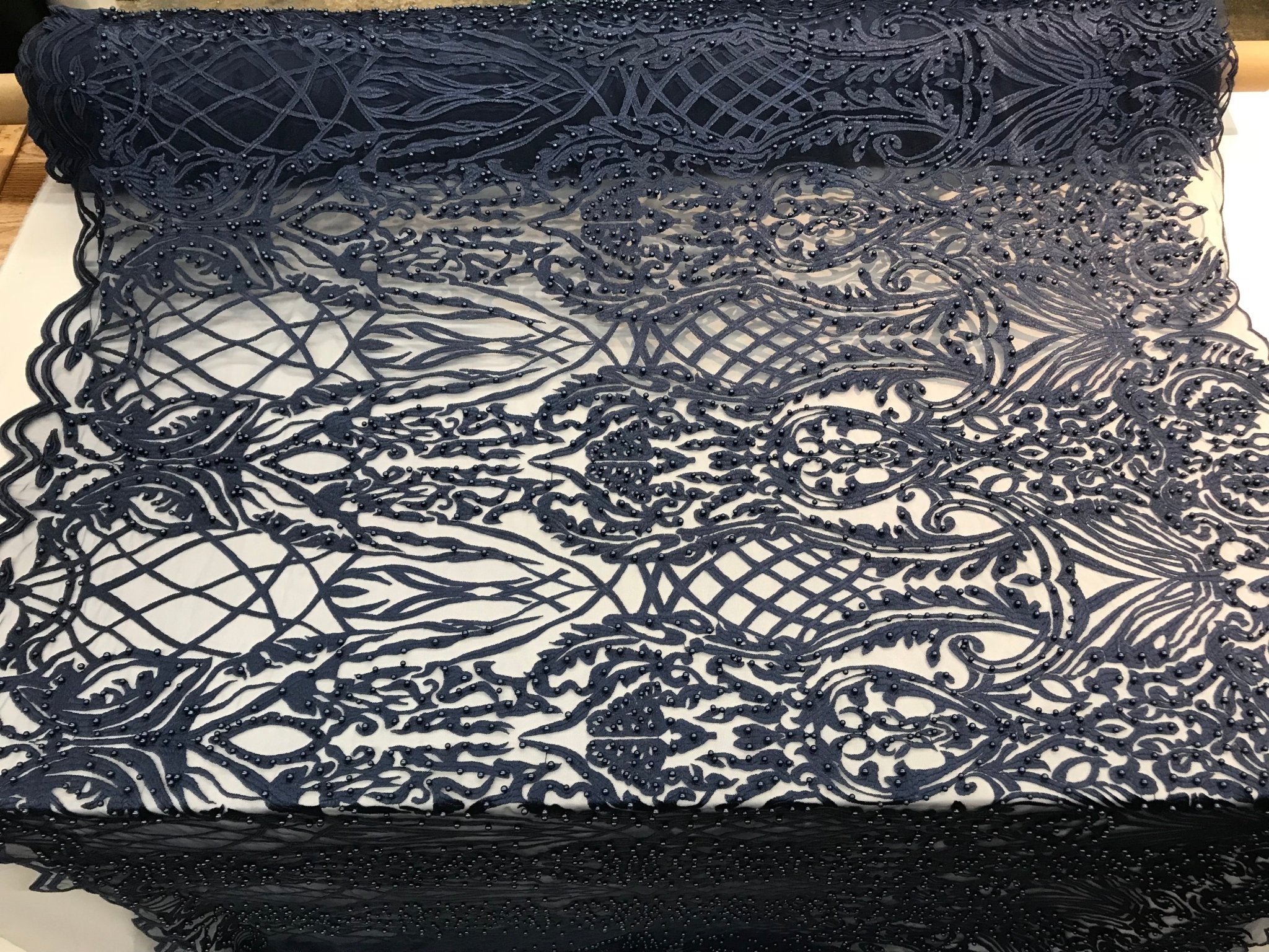 Navy Blue Design Beaded Fabric,Lace Fabric By The YardICE FABRICSICE FABRICSNavy Blue Design Beaded Fabric,Lace Fabric By The Yard ICE FABRICS