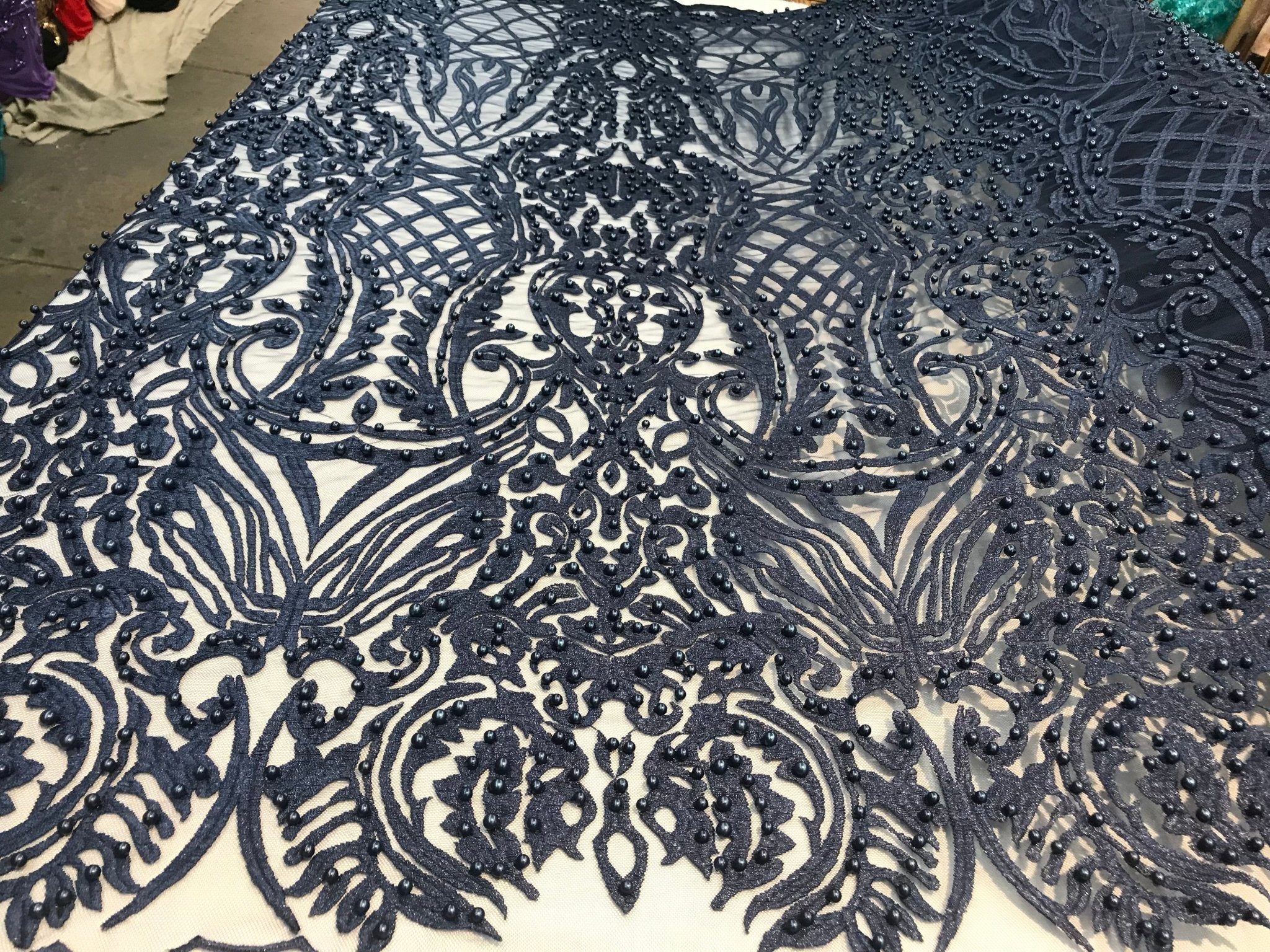 Navy Blue Design Beaded Fabric,Lace Fabric By The YardICE FABRICSICE FABRICSNavy Blue Design Beaded Fabric,Lace Fabric By The Yard ICE FABRICS