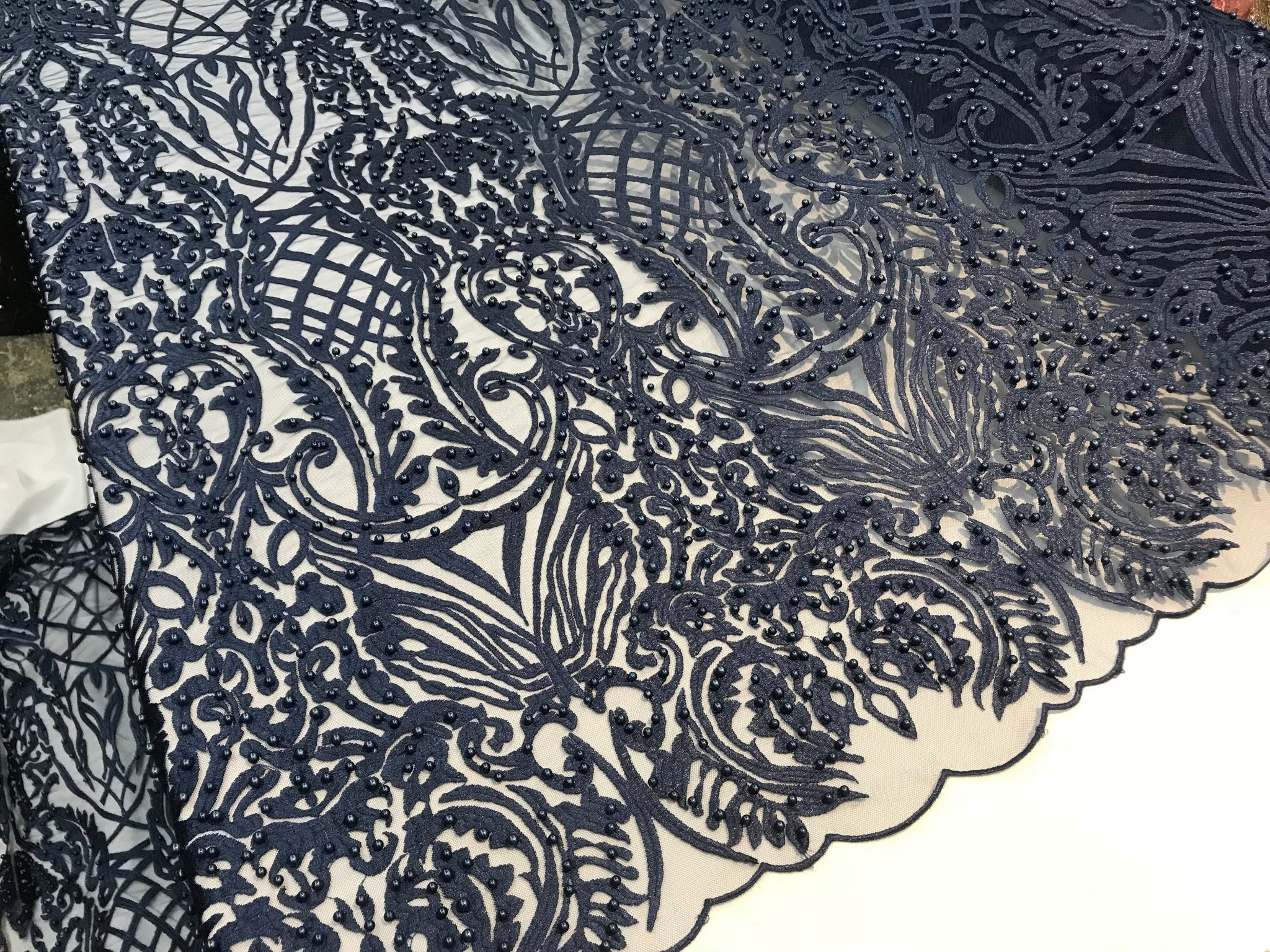 Navy Blue Design Beaded Fabric,Lace Fabric By The YardICE FABRICSICE FABRICSNavy Blue Design Beaded Fabric,Lace Fabric By The Yard ICE FABRICS