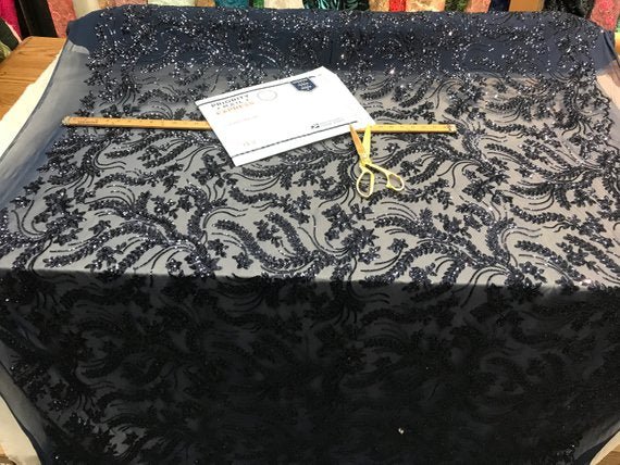 Navy Blue New Embroidery Design Stretch Sequin 4 Way Mesh Lace Fabric Sold By The YardICE FABRICSICE FABRICSNavy Blue New Embroidery Design Stretch Sequin 4 Way Mesh Lace Fabric Sold By The Yard ICE FABRICS