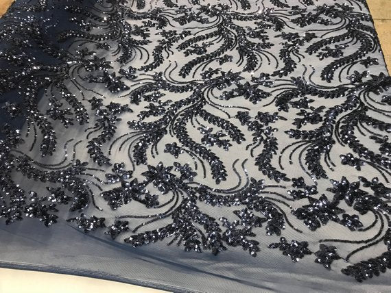 Navy Blue New Embroidery Design Stretch Sequin 4 Way Mesh Lace Fabric Sold By The YardICE FABRICSICE FABRICSNavy Blue New Embroidery Design Stretch Sequin 4 Way Mesh Lace Fabric Sold By The Yard ICE FABRICS