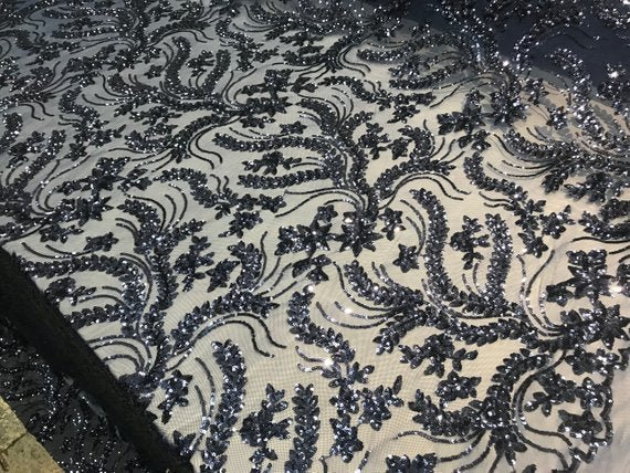 Navy Blue New Embroidery Design Stretch Sequin 4 Way Mesh Lace Fabric Sold By The YardICE FABRICSICE FABRICSNavy Blue New Embroidery Design Stretch Sequin 4 Way Mesh Lace Fabric Sold By The Yard ICE FABRICS