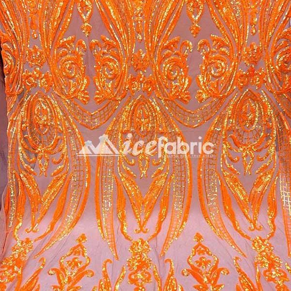 Neon Orange Geometric Sequin Fabric _ Embroidered 4 Way Stretch MeshICE FABRICSICE FABRICSBy The YardNeon Orange Geometric Sequin Fabric _ Embroidered 4 Way Stretch Mesh ICE FABRICS