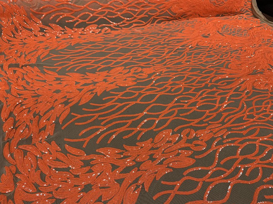 Neon Orange on Nude Mesh _ Iridescent Fabric _ Stretch Sequins Fabric _ Mesh LaceICEFABRICICE FABRICSNeon Orange on Nude MeshNeon Orange on Nude Mesh _ Iridescent Fabric _ Stretch Sequins Fabric _ Mesh Lace ICEFABRIC