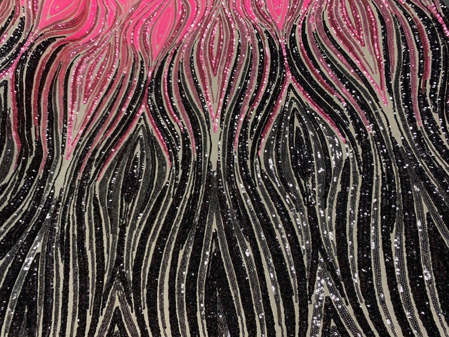 Neon Pink Black On Nude Mesh Iridescent Fabric/ Embroidery 4 Way Stretch Sequin Fabric.ICEFABRICICE FABRICSNeon Pink Black On Nude Mesh1 YARDNeon Pink Black On Nude Mesh Iridescent Fabric/ Embroidery 4 Way Stretch Sequin Fabric. ICEFABRIC