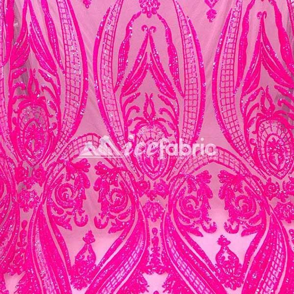 Neon Pink Geometric Sequin Fabric _ Embroidered 4 Way Stretch MeshICE FABRICSICE FABRICSBy The YardNeon Pink Geometric Sequin Fabric _ Embroidered 4 Way Stretch Mesh ICE FABRICS