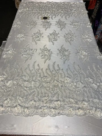 New 3D Beaded Flowers Hand Embroidered Floral Mesh Lace With Sequins FabricICEFABRICICE FABRICSWhiteNew 3D Beaded Flowers Hand Embroidered Floral Mesh Lace With Sequins Fabric ICEFABRIC