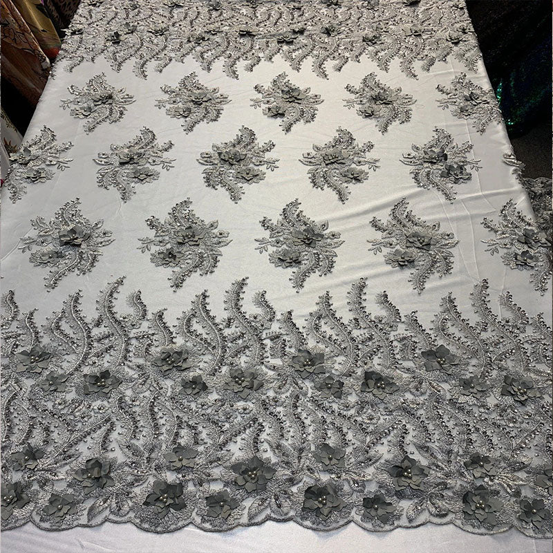 New 3D Beaded Flowers Hand Embroidered Floral Mesh Lace With Sequins FabricICEFABRICICE FABRICSSilver/GrayNew 3D Beaded Flowers Hand Embroidered Floral Mesh Lace With Sequins Fabric ICEFABRIC