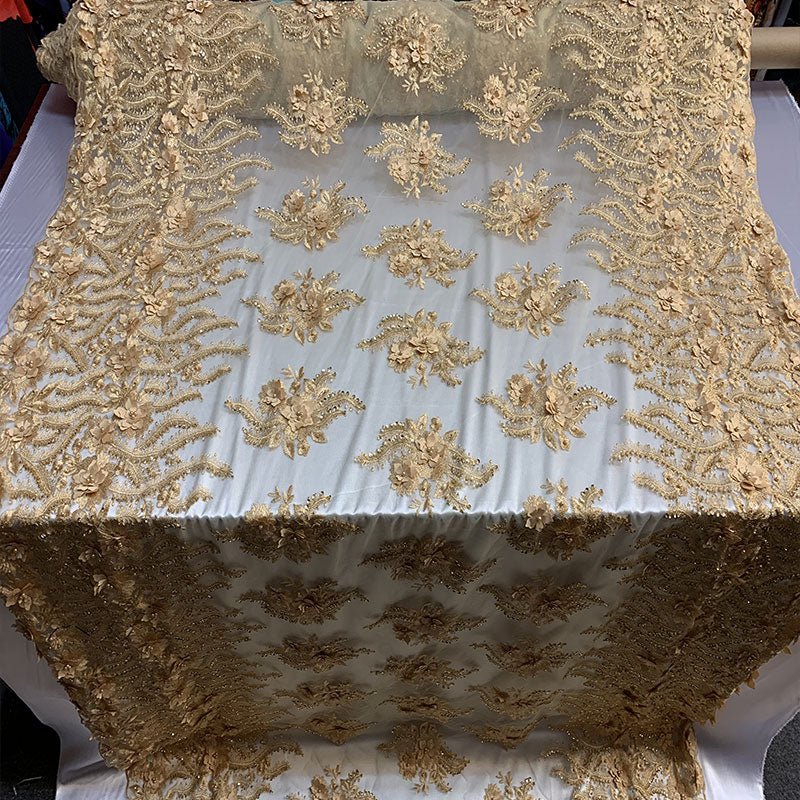 New 3D Beaded Flowers Hand Embroidered Floral Mesh Lace With Sequins FabricICEFABRICICE FABRICSGoldNew 3D Beaded Flowers Hand Embroidered Floral Mesh Lace With Sequins Fabric ICEFABRIC