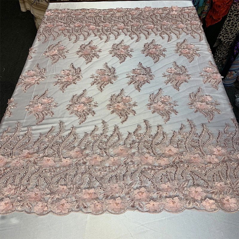 New 3D Beaded Flowers Hand Embroidered Floral Mesh Lace With Sequins FabricICEFABRICICE FABRICSLight PinkNew 3D Beaded Flowers Hand Embroidered Floral Mesh Lace With Sequins Fabric ICEFABRIC
