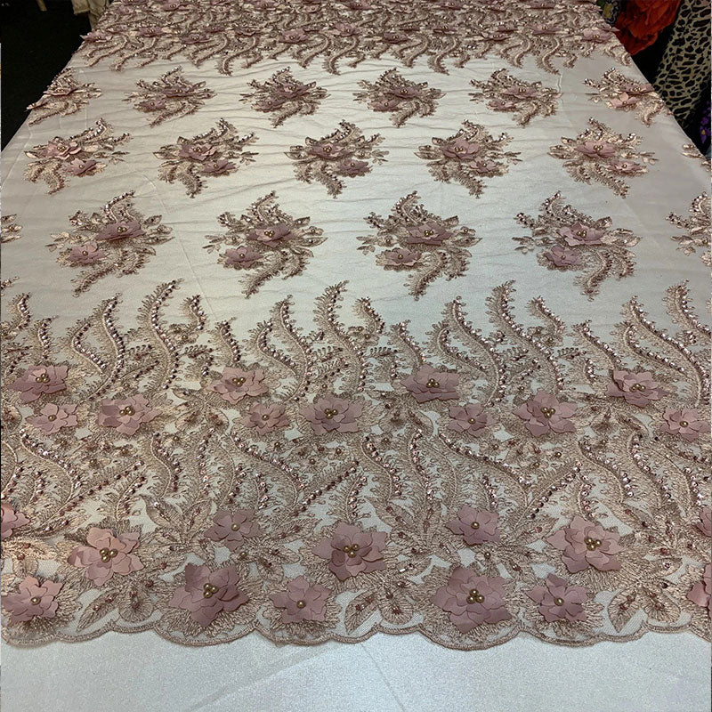 New 3D Beaded Flowers Hand Embroidered Floral Mesh Lace With Sequins FabricICEFABRICICE FABRICSDusty RoseNew 3D Beaded Flowers Hand Embroidered Floral Mesh Lace With Sequins Fabric ICEFABRIC