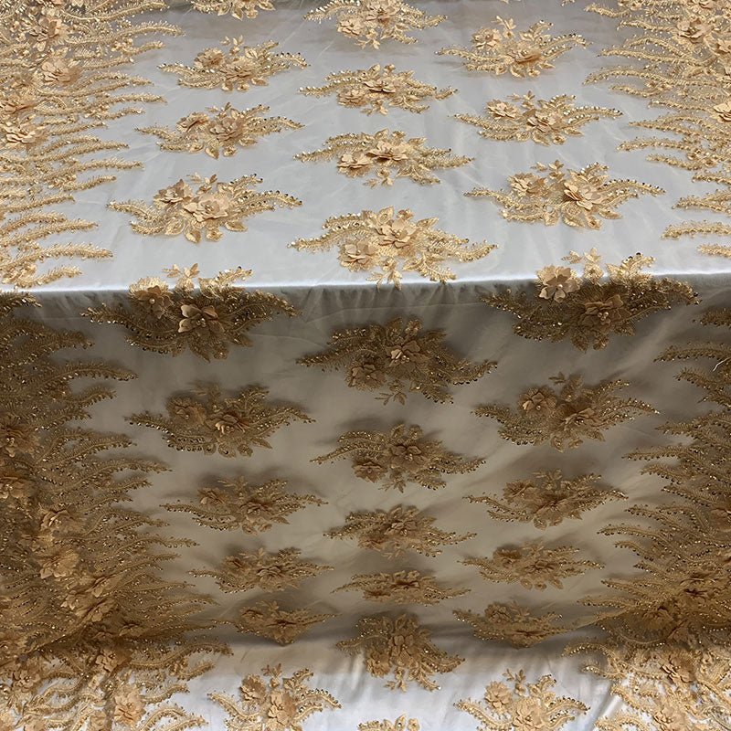New 3D Beaded Flowers Hand Embroidered Floral Mesh Lace With Sequins FabricICEFABRICICE FABRICSGoldNew 3D Beaded Flowers Hand Embroidered Floral Mesh Lace With Sequins Fabric ICEFABRIC