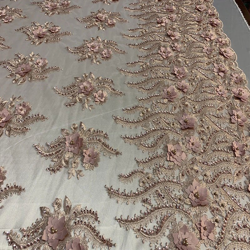 New 3D Beaded Flowers Hand Embroidered Floral Mesh Lace With Sequins FabricICEFABRICICE FABRICSWhiteNew 3D Beaded Flowers Hand Embroidered Floral Mesh Lace With Sequins Fabric ICEFABRIC