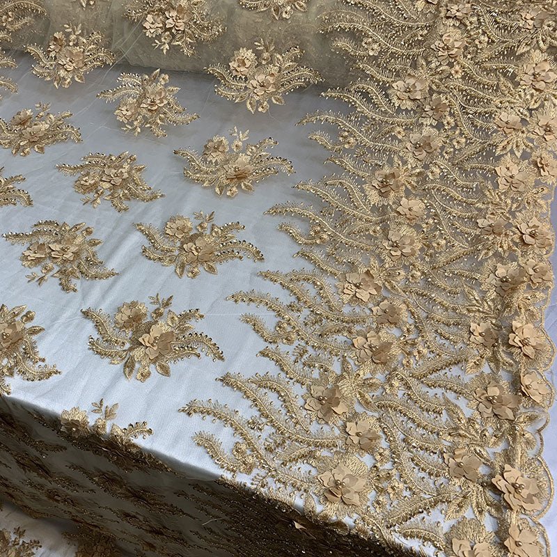 New 3D Beaded Flowers Hand Embroidered Floral Mesh Lace With Sequins FabricICEFABRICICE FABRICSGoldNew 3D Beaded Flowers Hand Embroidered Floral Mesh Lace With Sequins Fabric ICEFABRIC