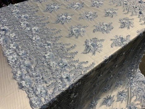 New 3D Beaded Flowers Hand Embroidered Floral Mesh Lace With Sequins FabricICEFABRICICE FABRICSBlueNew 3D Beaded Flowers Hand Embroidered Floral Mesh Lace With Sequins Fabric ICEFABRIC