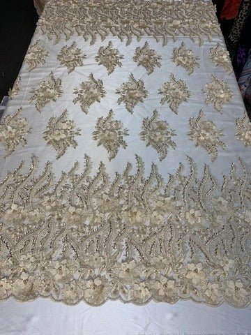 New 3D Beaded Flowers Hand Embroidered Floral Mesh Lace With Sequins FabricICEFABRICICE FABRICSChampagneNew 3D Beaded Flowers Hand Embroidered Floral Mesh Lace With Sequins Fabric ICEFABRIC