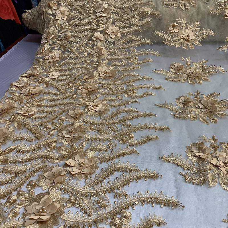 New 3D Beaded Flowers Hand Embroidered Floral Mesh Lace With Sequins FabricICEFABRICICE FABRICSGoldNew 3D Beaded Flowers Hand Embroidered Floral Mesh Lace With Sequins Fabric ICEFABRIC