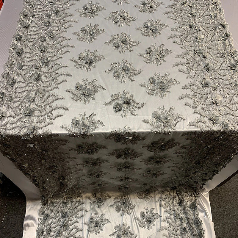 New 3D Beaded Flowers Hand Embroidered Floral Mesh Lace With Sequins FabricICEFABRICICE FABRICSSilver/GrayNew 3D Beaded Flowers Hand Embroidered Floral Mesh Lace With Sequins Fabric ICEFABRIC