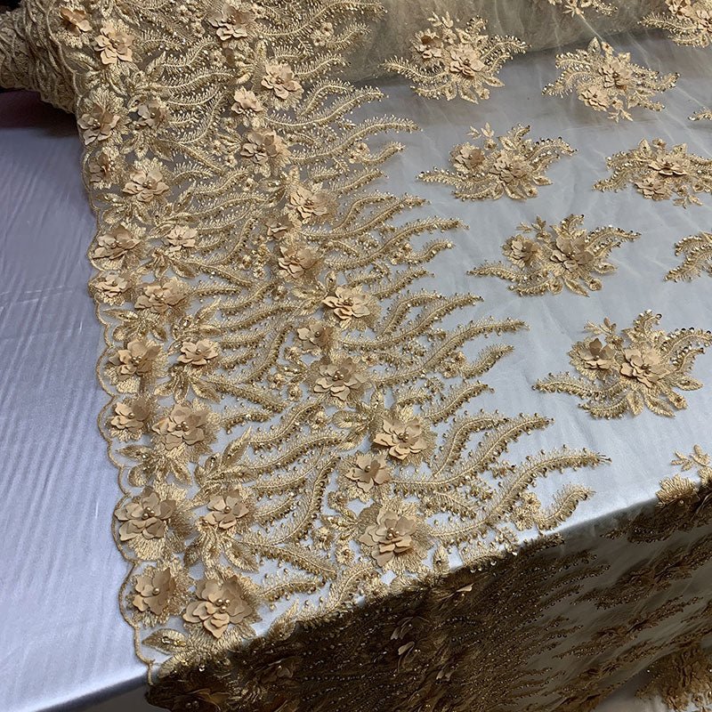 New 3D Beaded Flowers Hand Embroidered Floral Mesh Lace With Sequins FabricICEFABRICICE FABRICSGoldNew 3D Beaded Flowers Hand Embroidered Floral Mesh Lace With Sequins Fabric ICEFABRIC