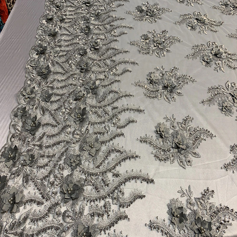 New 3D Beaded Flowers Hand Embroidered Floral Mesh Lace With Sequins FabricICEFABRICICE FABRICSSilver/GrayNew 3D Beaded Flowers Hand Embroidered Floral Mesh Lace With Sequins Fabric ICEFABRIC