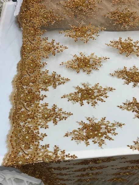 New Beaded French Embroidered Handmade Mesh Lace Floral FabricICE FABRICSICE FABRICSDK GoldNew Beaded French Embroidered Handmade Mesh Lace Floral Fabric ICE FABRICS