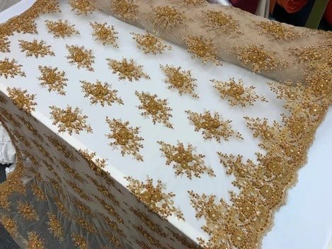 New Beaded French Embroidered Handmade Mesh Lace Floral FabricICE FABRICSICE FABRICSDK GoldNew Beaded French Embroidered Handmade Mesh Lace Floral Fabric ICE FABRICS