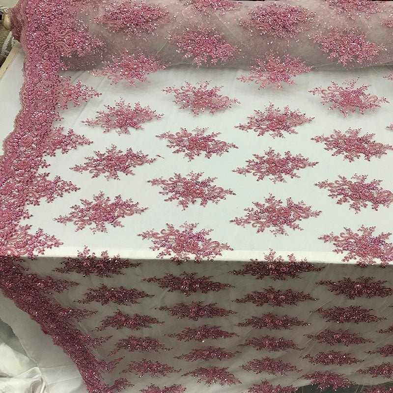New Beaded French Embroidered Handmade Mesh Lace Floral FabricICE FABRICSICE FABRICSPinkNew Beaded French Embroidered Handmade Mesh Lace Floral Fabric ICE FABRICS
