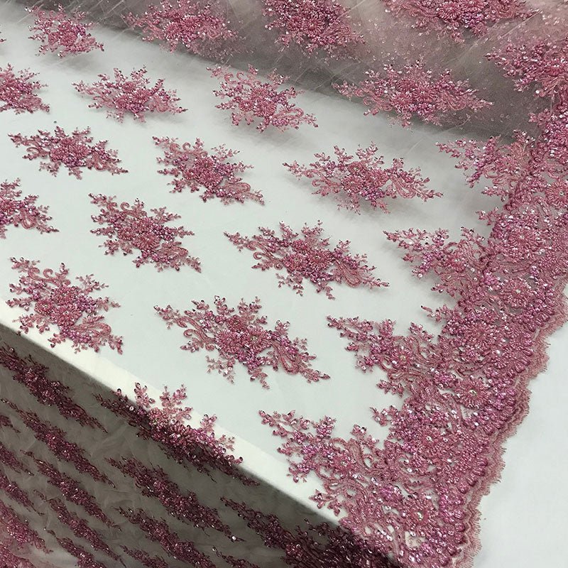 New Beaded French Embroidered Handmade Mesh Lace Floral FabricICE FABRICSICE FABRICSPinkNew Beaded French Embroidered Handmade Mesh Lace Floral Fabric ICE FABRICS