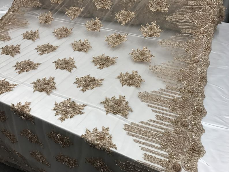 New Champagne Embroidered Mesh Lace Floral Beaded Lace FabricICE FABRICSICE FABRICSNew Champagne Embroidered Mesh Lace Floral Beaded Lace Fabric ICE FABRICS