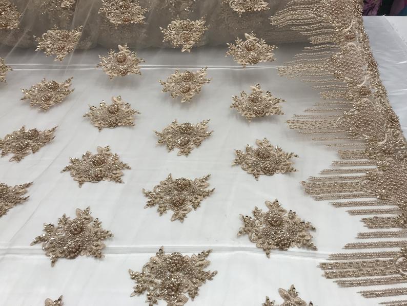New Champagne Embroidered Mesh Lace Floral Beaded Lace FabricICE FABRICSICE FABRICSNew Champagne Embroidered Mesh Lace Floral Beaded Lace Fabric ICE FABRICS