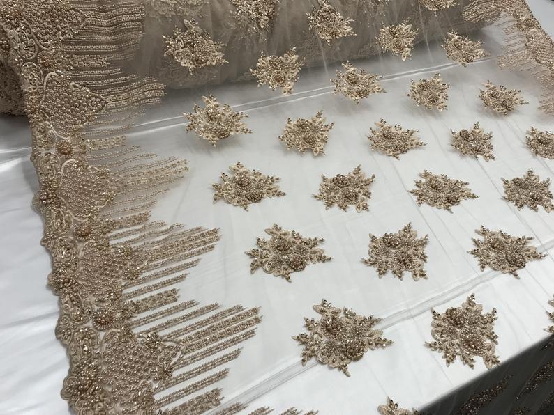 New Champagne Embroidered Mesh Lace Floral Beaded Lace FabricICE FABRICSICE FABRICSNew Champagne Embroidered Mesh Lace Floral Beaded Lace Fabric ICE FABRICS