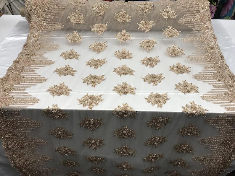 New Champagne Embroidered Mesh Lace Floral Beaded Lace FabricICE FABRICSICE FABRICSNew Champagne Embroidered Mesh Lace Floral Beaded Lace Fabric ICE FABRICS
