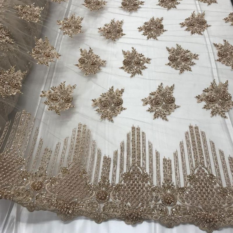 New Champagne Embroidered Mesh Lace Floral Beaded Lace FabricICE FABRICSICE FABRICSNew Champagne Embroidered Mesh Lace Floral Beaded Lace Fabric ICE FABRICS