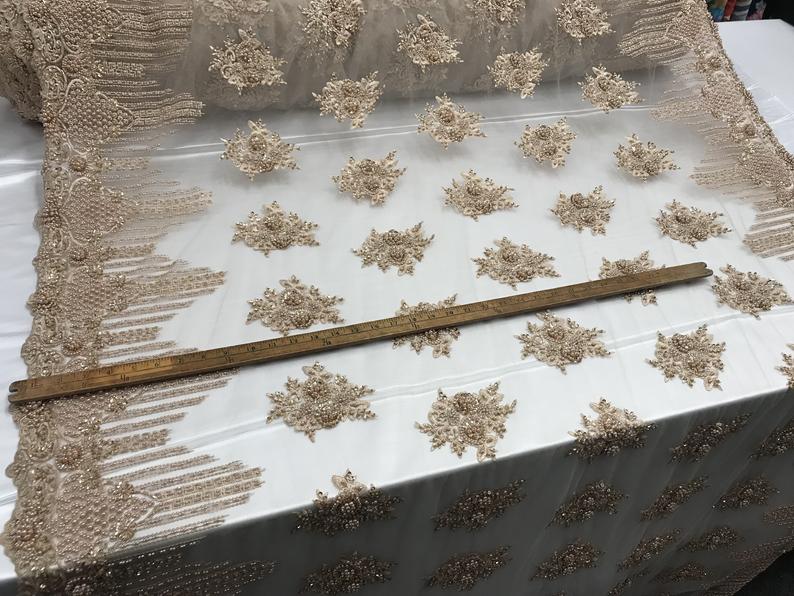 New Champagne Embroidered Mesh Lace Floral Beaded Lace FabricICE FABRICSICE FABRICSNew Champagne Embroidered Mesh Lace Floral Beaded Lace Fabric ICE FABRICS