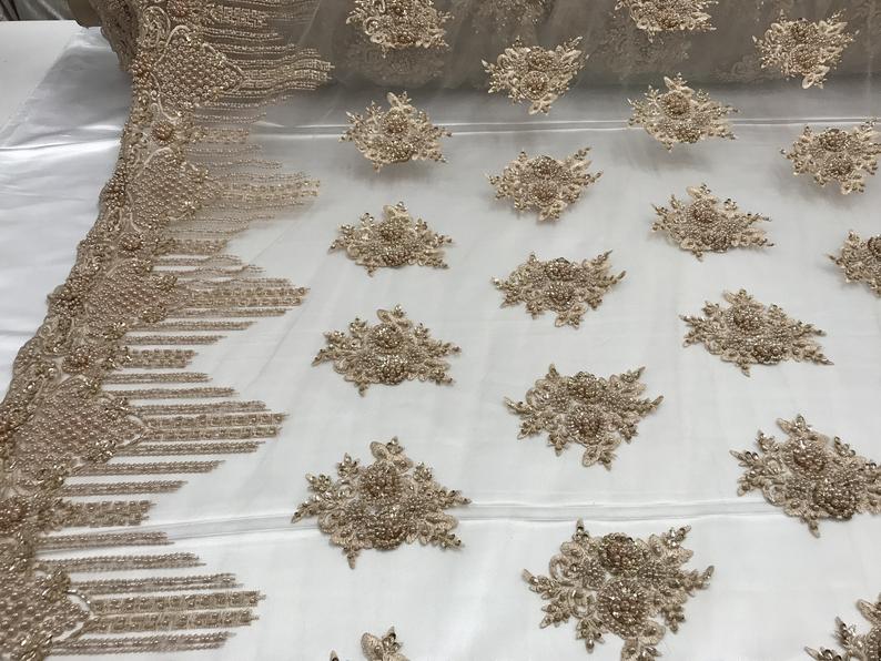 New Champagne Embroidered Mesh Lace Floral Beaded Lace FabricICE FABRICSICE FABRICSNew Champagne Embroidered Mesh Lace Floral Beaded Lace Fabric ICE FABRICS