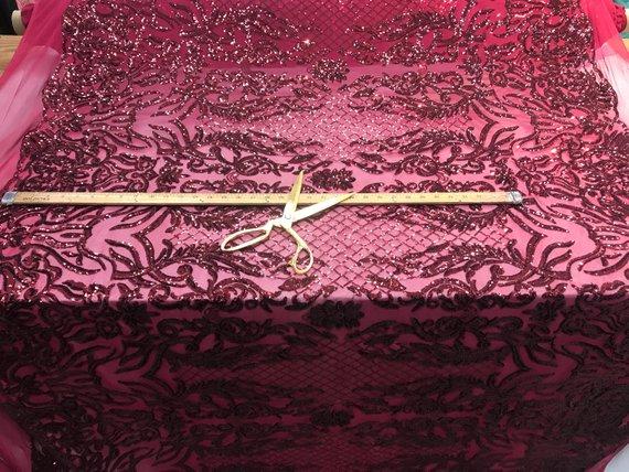 New Design 4 Way Stretch Sequins On A Mesh Lace Fabric For Decorations Fashion Wedding Prom DressesICE FABRICSICE FABRICSBurgundyNew Design 4 Way Stretch Sequins On A Mesh Lace Fabric For Decorations Fashion Wedding Prom Dresses ICE FABRICS