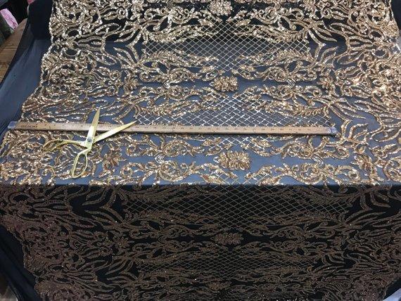 New Design 4 Way Stretch Sequins On A Mesh Lace Fabric For Decorations Fashion Wedding Prom DressesICE FABRICSICE FABRICSBlack/GoldNew Design 4 Way Stretch Sequins On A Mesh Lace Fabric For Decorations Fashion Wedding Prom Dresses ICE FABRICS