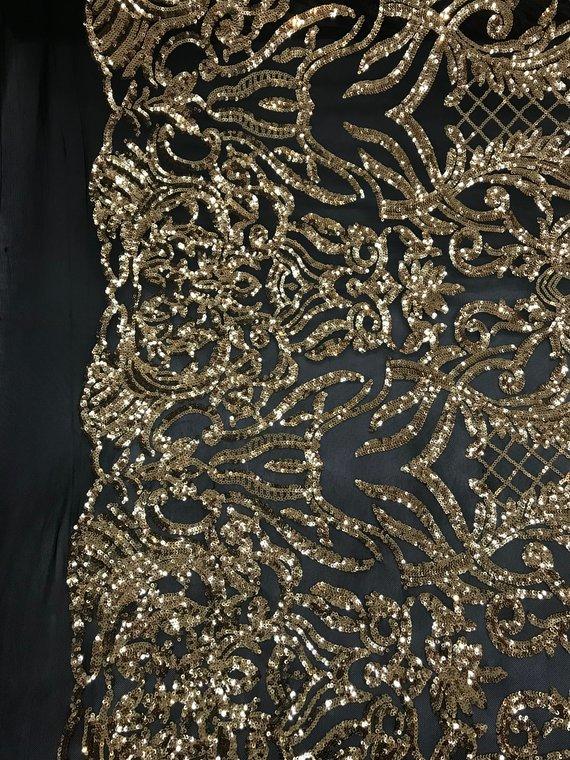 New Design 4 Way Stretch Sequins On A Mesh Lace Fabric For Decorations Fashion Wedding Prom DressesICE FABRICSICE FABRICSBlack/GoldNew Design 4 Way Stretch Sequins On A Mesh Lace Fabric For Decorations Fashion Wedding Prom Dresses ICE FABRICS