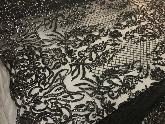 New Design 4 Way Stretch Sequins On A Mesh Lace Fabric For Decorations Fashion Wedding Prom DressesICE FABRICSICE FABRICSBlackNew Design 4 Way Stretch Sequins On A Mesh Lace Fabric For Decorations Fashion Wedding Prom Dresses ICE FABRICS