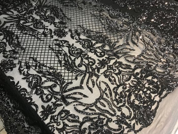 New Design 4 Way Stretch Sequins On A Mesh Lace Fabric For Decorations Fashion Wedding Prom DressesICE FABRICSICE FABRICSBlackNew Design 4 Way Stretch Sequins On A Mesh Lace Fabric For Decorations Fashion Wedding Prom Dresses ICE FABRICS