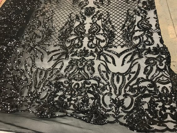 New Design 4 Way Stretch Sequins On A Mesh Lace Fabric For Decorations Fashion Wedding Prom DressesICE FABRICSICE FABRICSBlackNew Design 4 Way Stretch Sequins On A Mesh Lace Fabric For Decorations Fashion Wedding Prom Dresses ICE FABRICS