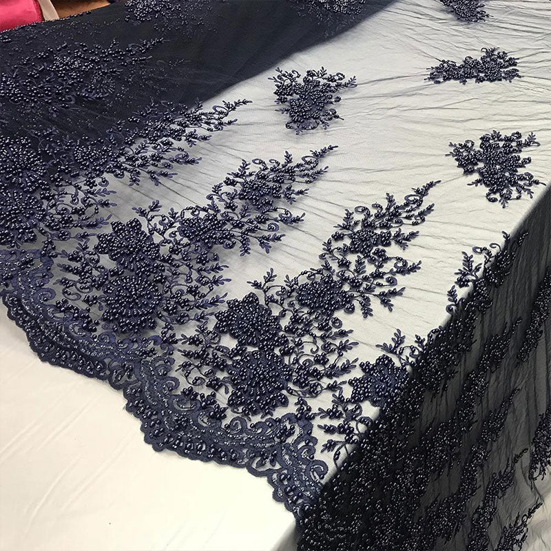 New Design French Bridal Veil Wedding Heavy Embroidered Border Lace With Beads And SequinICE FABRICSICE FABRICSNavyNew Design French Bridal Veil Wedding Heavy Embroidered Border Lace With Beads And Sequin ICE FABRICS