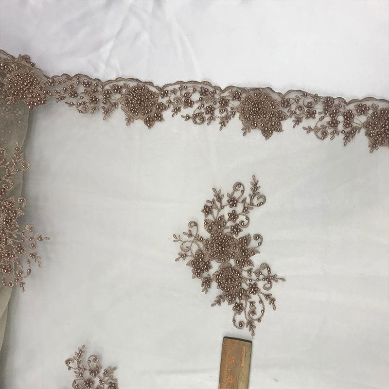 New Design French Bridal Veil Wedding Heavy Embroidered Border Lace With Beads And SequinICE FABRICSICE FABRICSTaupeNew Design French Bridal Veil Wedding Heavy Embroidered Border Lace With Beads And Sequin ICE FABRICS