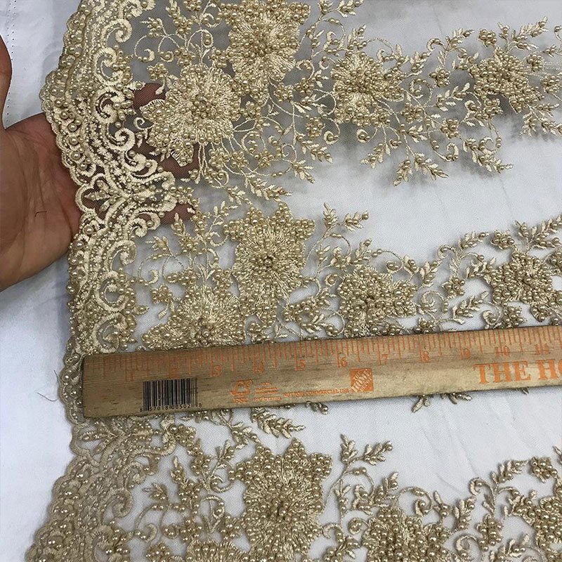 New Design French Bridal Veil Wedding Heavy Embroidered Border Lace With Beads And SequinICE FABRICSICE FABRICSBeigeNew Design French Bridal Veil Wedding Heavy Embroidered Border Lace With Beads And Sequin ICE FABRICS