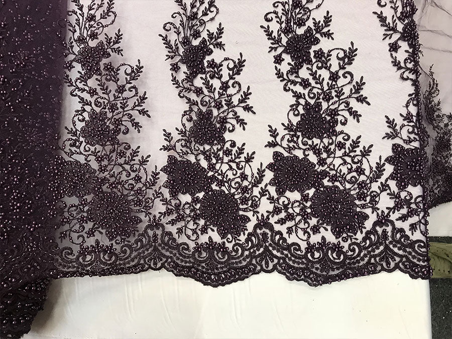 New Design French Bridal Veil Wedding Heavy Embroidered Border Lace With Beads And SequinICE FABRICSICE FABRICSEgg PlantNew Design French Bridal Veil Wedding Heavy Embroidered Border Lace With Beads And Sequin ICE FABRICS