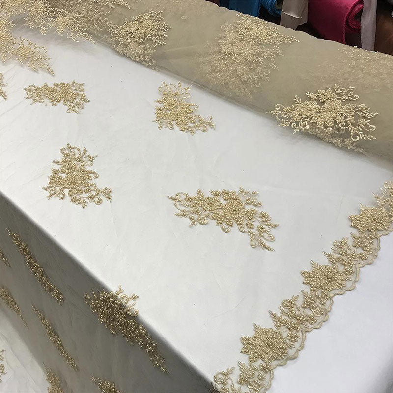 New Design French Bridal Veil Wedding Heavy Embroidered Border Lace With Beads And SequinICE FABRICSICE FABRICSBeigeNew Design French Bridal Veil Wedding Heavy Embroidered Border Lace With Beads And Sequin ICE FABRICS